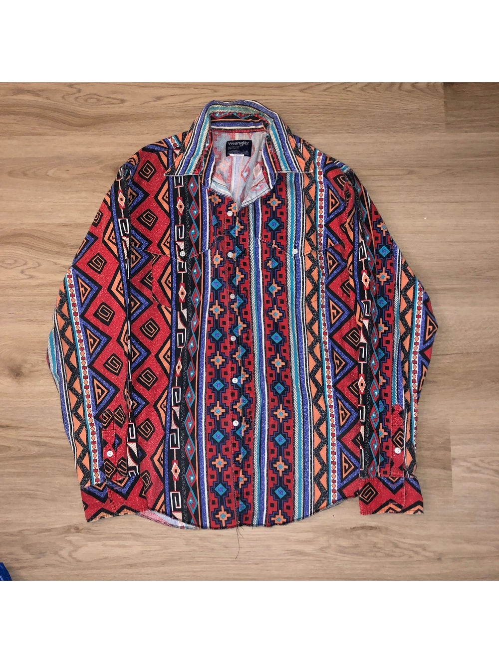 VINTAGE WRANGLER COWBOY CUT AZTEC GEOMETRIC XL LONG TAILS 17-36 BRUSHPOPPER MENS